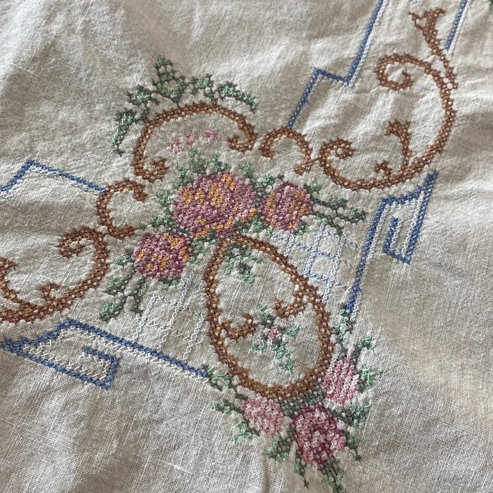 Vintage 1920’s-1940’s Embroidered White Floral Tablecloth - Home Dining!